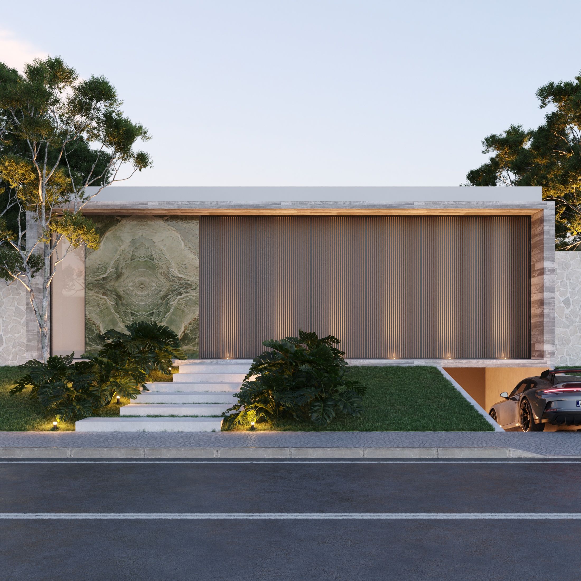Fachada residencial com painel ripado, pedra de veios marcados e jardim junto aos degraus de acesso.